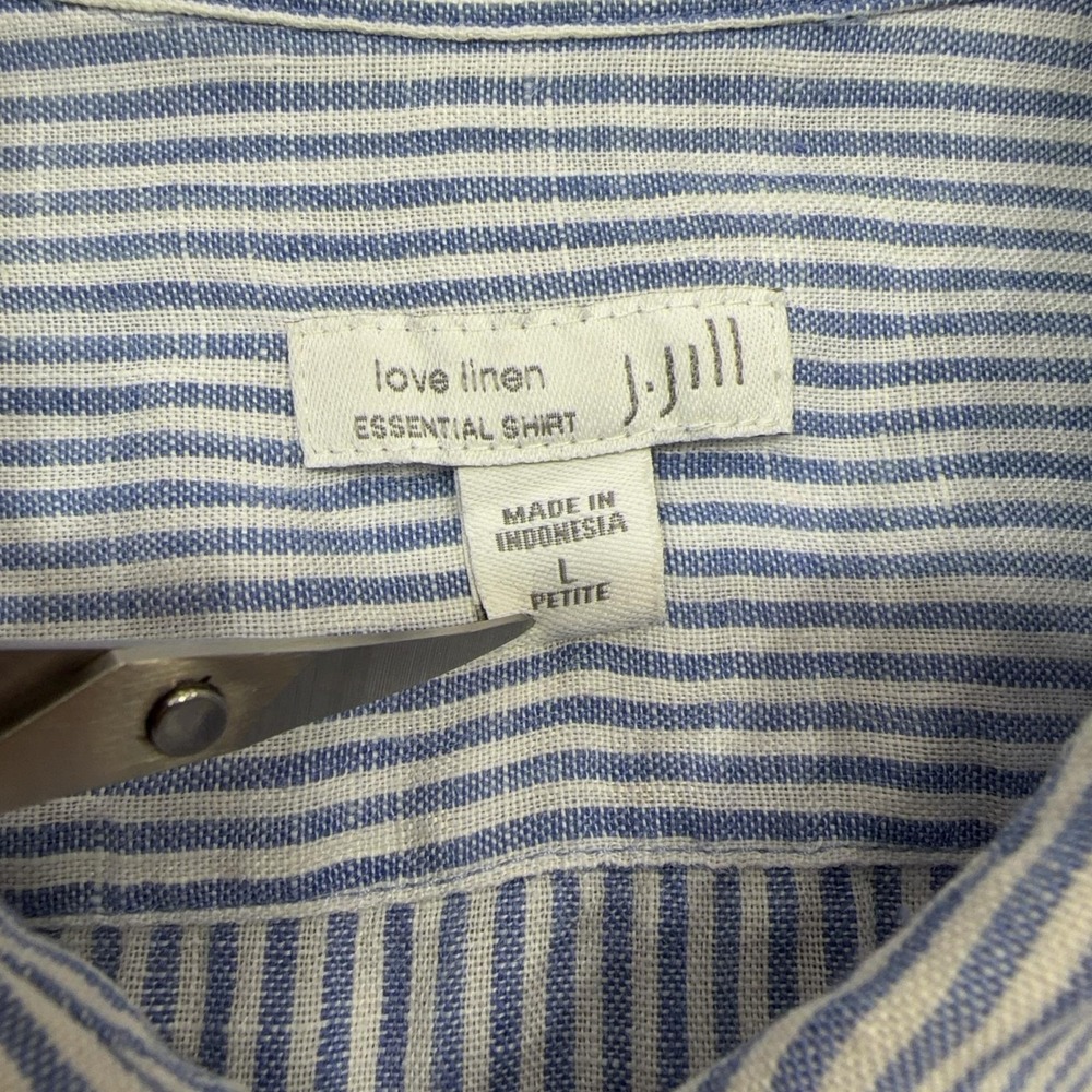 J Jill Love Linen Essential Shirt Womens Petite Large Blue Stripe Long Sleeve - Picture 2 of 16